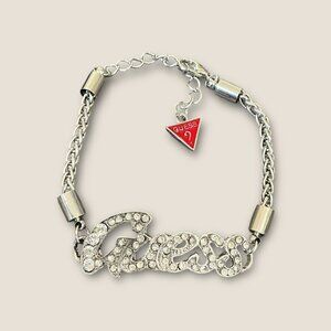 Guess Adjustable Chain Bracelet With Rhinestone Logo & Red Charm 6-8 Inches